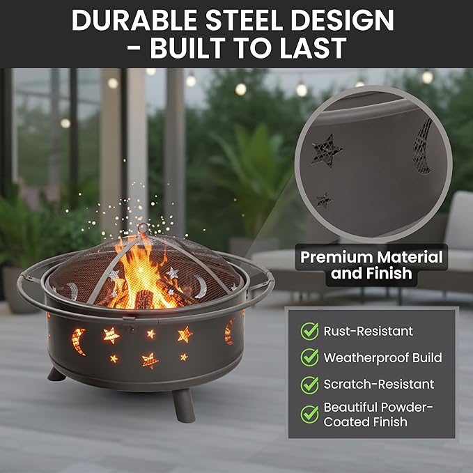 Fire Pit - 32-Inch Outdoor Wood Burning Firepit with Screen, Poker, and Cover - Outdoor Fire Pits for Backyard, Deck, or Patio by Pure Garden (Black)