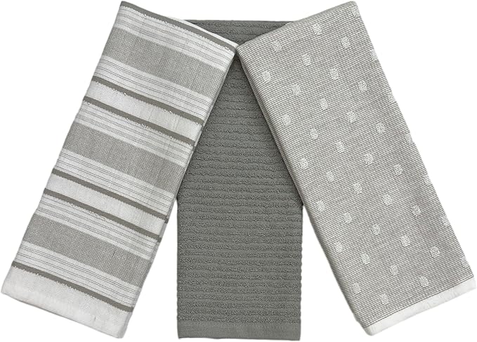 Grey White Kitchen Hand Dish Towels: Oversized 28" x 16",100% Cotton Cloth Soft Cleaning Drying Absorbent Gray Striped Solid Polka Dot Design, Set of 3 Multipurpose for Everyday Use (Grey Austin)