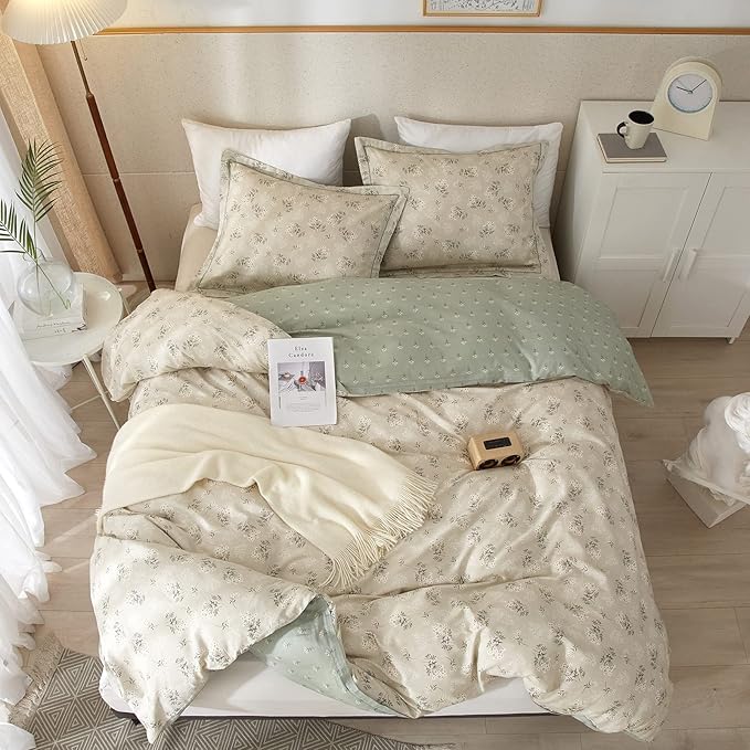 EAVD Twin XL Duvet Cover Boho Floral Duvet Cover Soft 100% Cotton Garden Beige Floral Bedding Set with 2 Pillowcases Chic Botanical Duvet Cover with Zipper Closure 4 Ties (EAVD00142-TXL)