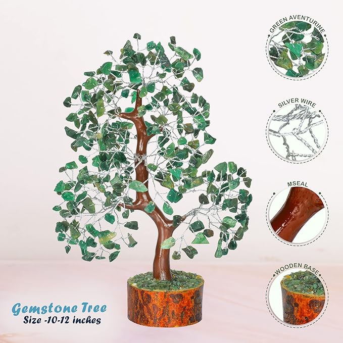 Healing Crystal Money Trees Feng Shui Gift Handmade Reiki Crystals & Stone Home Office Table Décor Good Luck Throat Chakras (Green Aventurine Silver Wire)