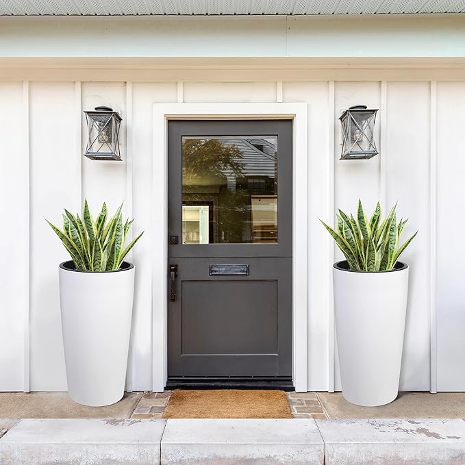 GarveeLife 30 in Tall Planters for Outdoor Plants Set of 2, Large Outdoor Planters for Front Porch Decor with Drainage Holes＆Water Level Monitor ＆Inner Bucket, Automatic Watering, White