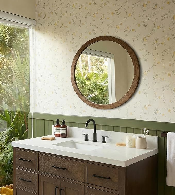 ARIEL Round Wooden Mirror 30" in Brown Oak, Wood Circle Wall Mirror for Bathroom, Vanity, Entryway & Living Room Decor, Farmhouse Style