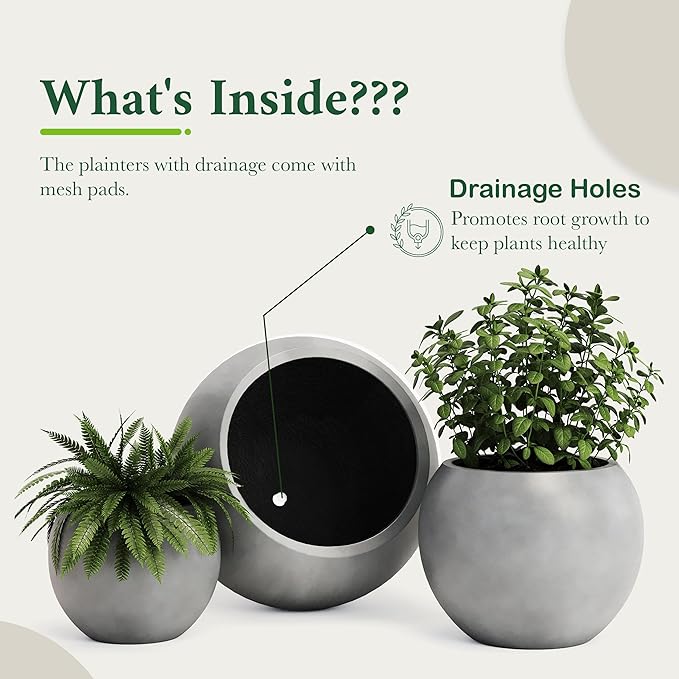 DTY Signature Mount Sherman Modern Indoor Outdoor Fiberstone Sphere Planter, Durable Round Garden Pot, Weather Resistant, Drainage Hole & Rubber Plug, Planter for Christmas Tree - Large, Gray