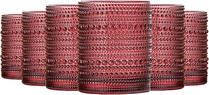 Khen Ruby Red Hobnail Drinking Tumbler | Set of 6 | 11 OZ Bubble Design Vintage Glassware, Beverage Glasses Bubble Water, Wine, Old Fashioned Cocktail, Whiskey Rocks Glass Cup