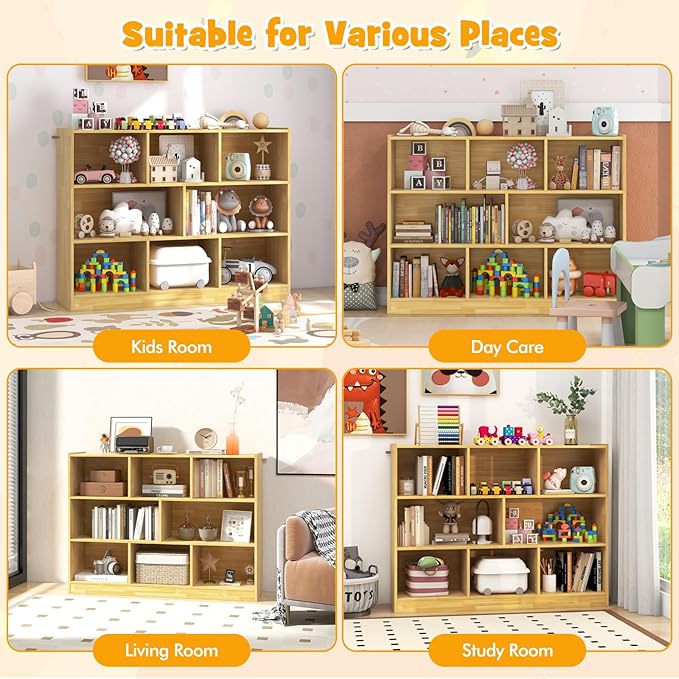 HONEY JOY Kids Toy Storage Organizer, 8-Section Storage Daycare Shelf for Preschool, Children 3-Tier Open Wooden Display Book Shelf Organizer for Classroom, Playroom & Nursery, Kindergarten(Yellow)