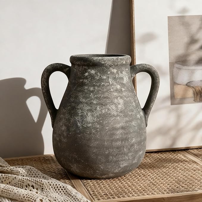 Ceramic Flower Vase Home Decor - 7.5 Inch Farmhouse Rustic Table Vases Living Room Decoration Decorative Vintage Pottery for Kitchen Shelf Coffee Dining Bookshelf Fireplace Centerpiece (Retro-7.5")