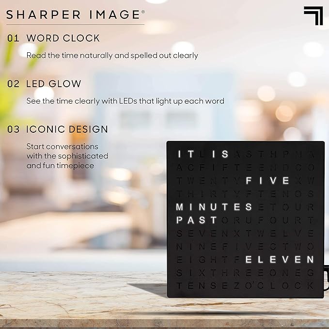 Sharper Image LED Word Digital Clock, 7.75", Black Finish, Light-Up Desk & Wall Clock, Modern Time Display, Shelf or Wall Decor for Home Office, Living Room, Kitchen & Bedroom, Housewarming Gift