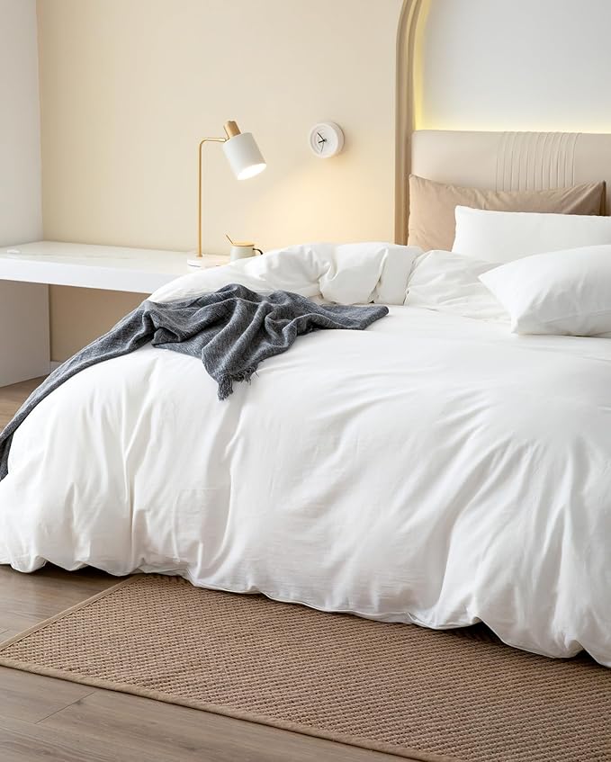 JIYUAN 100% Washed Cotton Duvet Cover Set 3 PCS Oversized King Plus, 1 Duvet Cover 128"x120"(Comforter Not Included) and 2 Pillowcases,Linen Feel Bedding Set Comfy and Breathable,Bright White