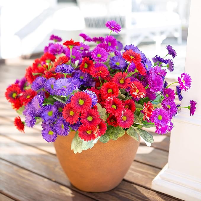 HyeFlora Dahlia Artificial Flowers for Outdoors Decoration, 6 Bundles Fake Daisy Faux Flowers Plants Realistic UV Resistant Silk Flowers for Outside Planter Front Door Yard Garden Indoor Home, Mix