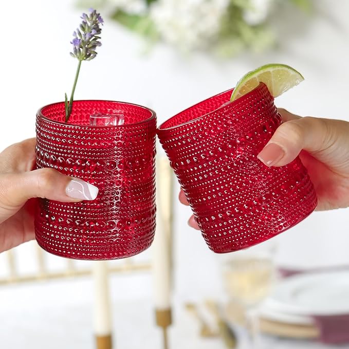 Kate Aspen Retro Arch Floral Red Drinking Glasses Set of 6, 10 oz Vintage Ribbed Glass Cups, Christmas Glassware & Holiday Drinkware, Valentine’s Day & Holiday Hostess Gift