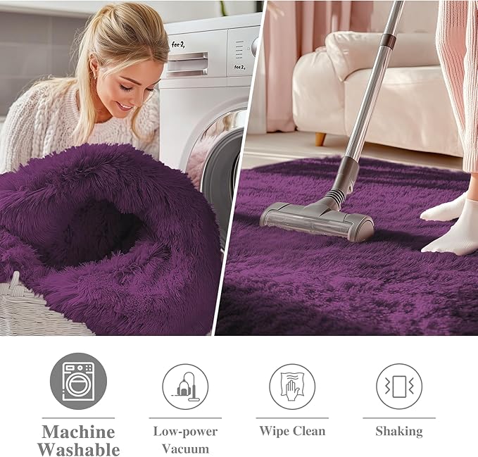 OLANLY Dark Purple Round Rugs for Bedroom - Machine Washable, 2 ft Circle Area Rugs for Living Room, Soft and Fluffy Shaggy Carpet for Teen Girl and Boys, Nursery Rooms, Dorms, Home Decor Aesthetic