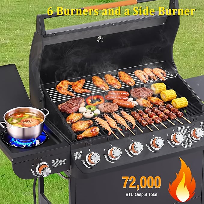 Unovivy Large 6-Burner Propane Gas Grill with Side Burner & Porcelain-Enameled Cast Iron Grates, BBQ Grills with Built-in Thermometer, 72,000 BTU Barbecue Grill, Oil Tray, Outdoor Patio Garden