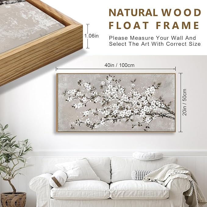 VEAEE White Blossom Branches Wall Art, Floral Canvas Prints, Living Room Decor Abstract Flowers Painting Canvas Pictues, Contemporary Artwork Bedroom Office Kitchen Wall Decor Ready to Hang 20"x40"