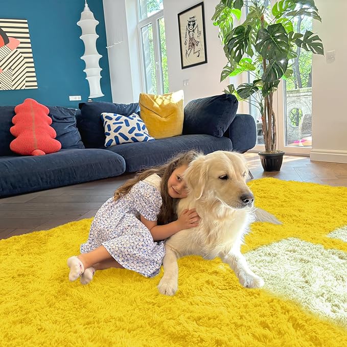 OLANLY 6x9 Machine Washable Large Area Rugs for Living Room, Bedroom, Soft Fluffy Shaggy Bedside Rug, Indoor Floor Carpet for Kids Girls and Boys, Dorms, Nursery, Home Decor Aesthetic, Yellow