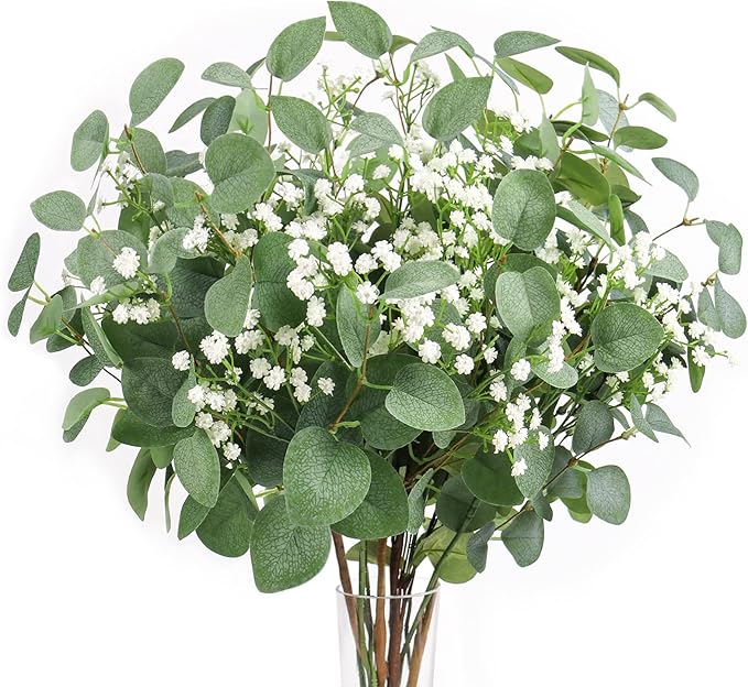 Beferr 5pcs Eucalyptus Stems & 6pcs Babys Breath Artificial Flowers Faux Greenery Bouquets for Wedding Table Centerpiece Home Decor