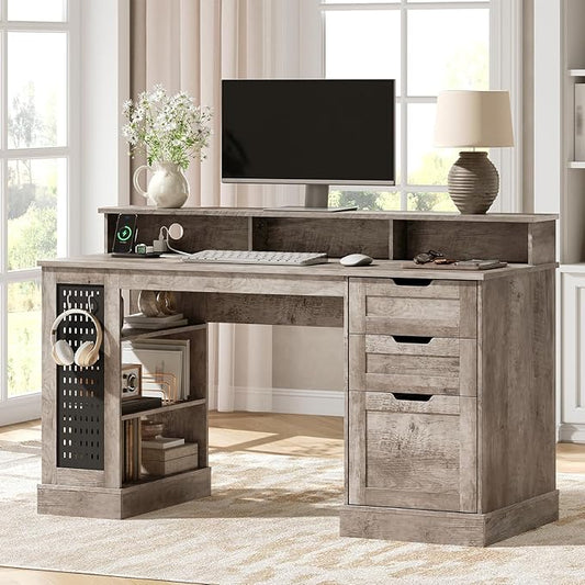 55-Inch Farmhouse Executive Desk with 2 Drawers and File Cabinet, Computer Desk with 3-Tier Storage Shelves, Home Office Desk with Charging Station, Pegboard and Monitor Shelf, Gray