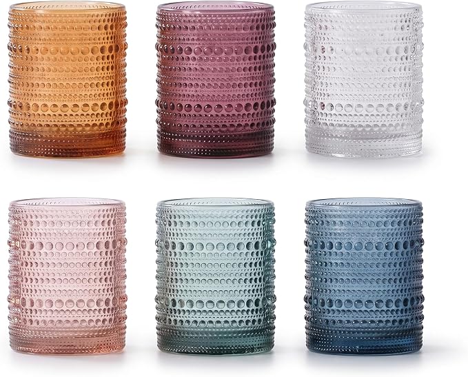 Mfacoy Colored Hobnail Drinking Glasses Set of 6, 10oz Vintage Kitchen Glassware, Embossed Beaded Glass Cups, Water Glasses, Beaded Colorful Water Tumbler for Cocktail, Juice and Various Mixed Drinks