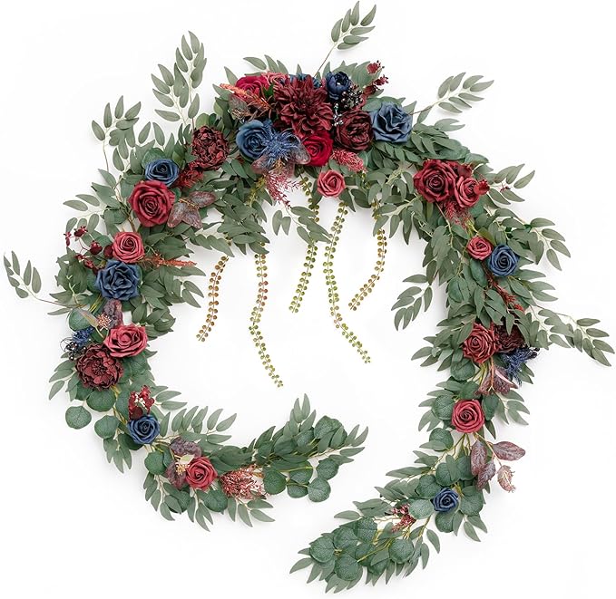 Ling's moment 9FT Eucalyptus and Willow Leaf Garland with White Flower, Handcrafted Wedding Sweetheart Table Centerpieces Head Table Decor Arch Backdrop Decorations for Wedding | Burgundy