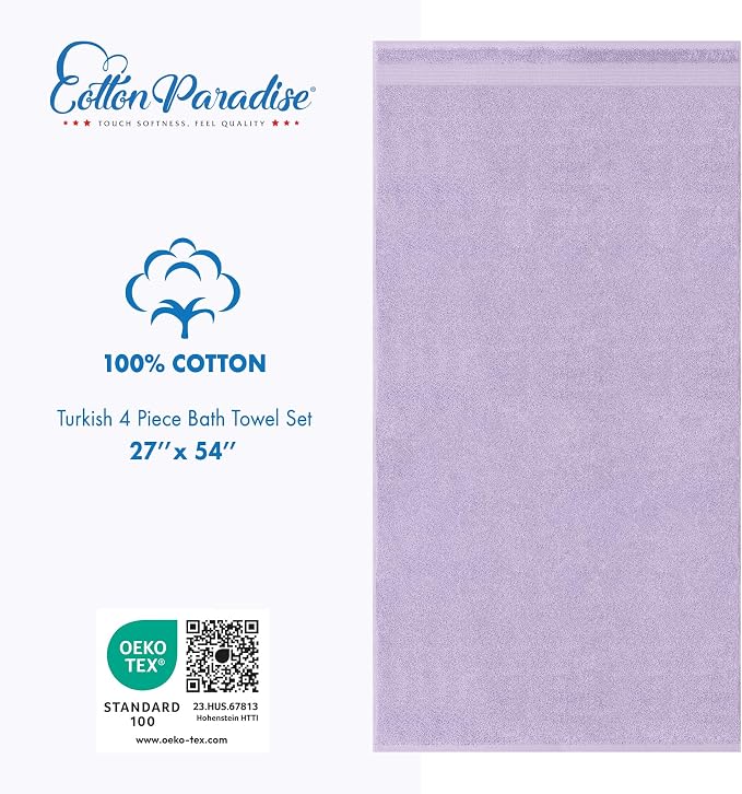Cotton Paradise 100% Cotton Turkish Towel Set, Soft Absorbent Quick Dry, 4 Piece Bath Towel Set, Lilac