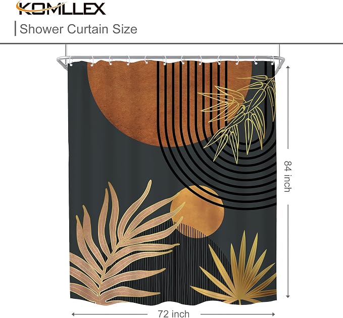 KOMLLEX Mid Century Brown Black Boho Shower Curtain 72Wx84L Inches Abstract Modern Shower Curtain for Bathroom Decor Plant Botanical Minimalist Arch Sun Fabric Liner Waterproof Polyester 12 Pack Hooks
