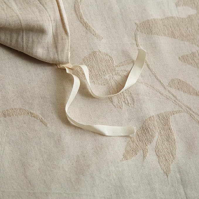mixinni Queen Duvet Cover Set - 70% Cotton 30% Linen Blend, Bohemian Floral Jacquard 3-Piece Comforter Cover with 2 Pillowcases, Soft Breathable Lightweight Bedding Set (90"x90"), Almond Milk Grey