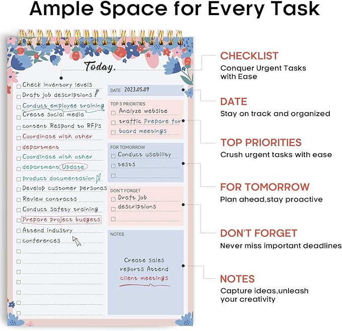 Taja To Do List Notepad - To Do List Notebook for Work with 52 Sheets, 9.8" x 6.5", Undated Daily Planner Perfect for Daily Tasks and Goal Setting, Notepad Suitable for Office, Home & School - Spring Blossom