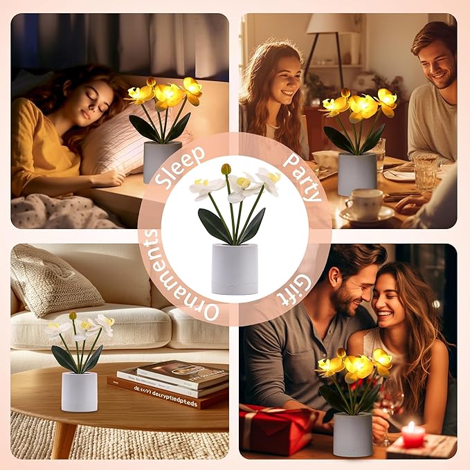 WSYEAR Flower Lamp Christmas Gifts for Her Women Wife Artificial Orchid Flower 3 Branches in White Pot, Realistic Fake Butterfly Orchid Bonsai for Living Room Decor