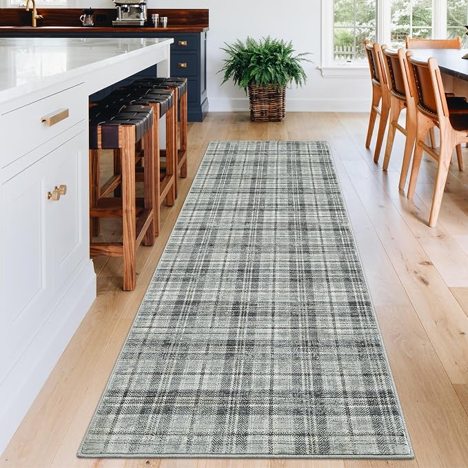 Washable Rugs Runner Rug 2x6 Modern Plaid Area Rug Soft Carpet 2'x6' Greenish Grey