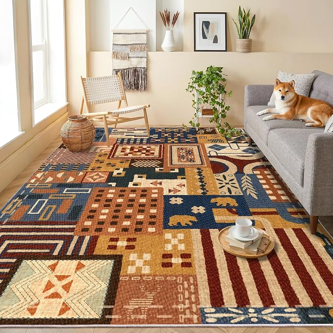 Southwestern Area Rugs for Living Room, 4x6 Boho Tribal Geometric Patchwork Colorful Carpet, Washable Non Slip Low Pile Indoor Rug for Bedroom Dining Room Office Home Hardwood Floor
