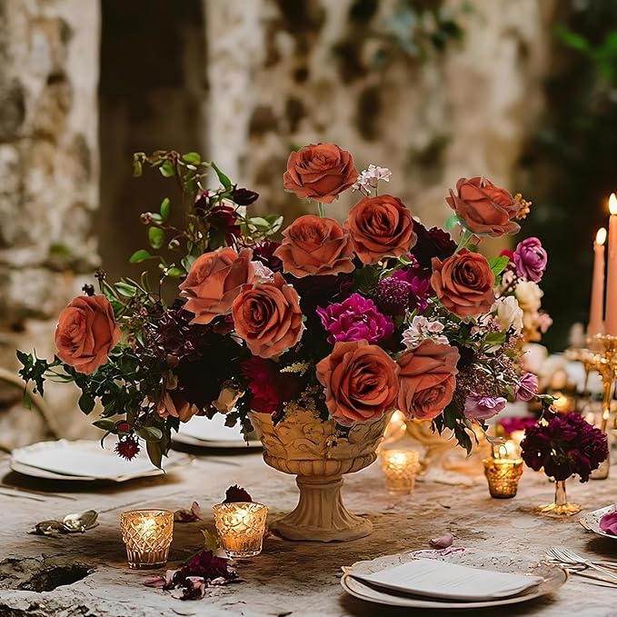 50pcs Artificial Roses Flowers in Bulk,Realistic Silk Fake Rose with Long Stem for Wedding Centerpieces Bouquet Party Floral Arrangement Home Decoration (Burnt Orange)