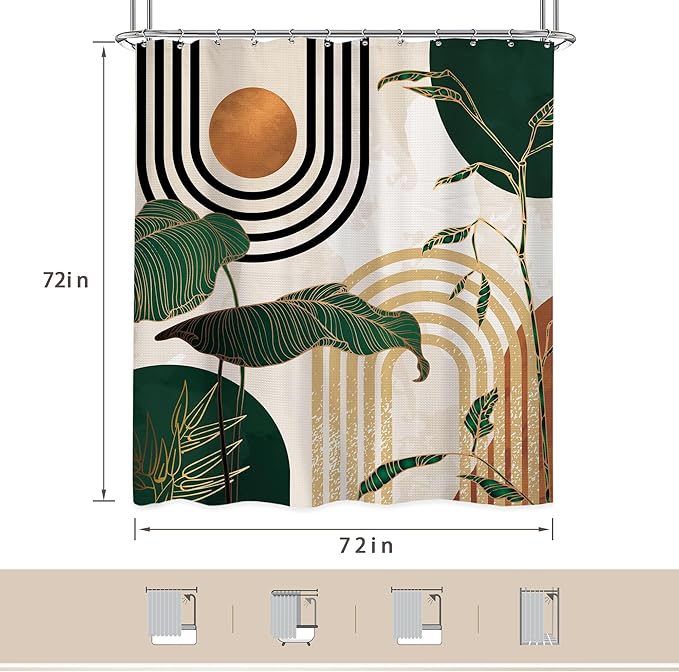 Glawry Waffle Green Shower Curtain Boho Abstract Mid Century Tropical Palm Tree Sun Arch Bathroom Modern Minimalist Aesthetic 72Wx72L Inches Bath Accessories Art Home Decor Fabric 12 Pack Hooks