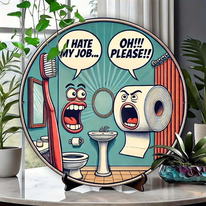 Room Decor 1pc Retro Aluminum Bathroom Sign, 7.98x7.98 inch Vintage Illustration, Humorous Toilet Theme Wall Art for Home, Office, Hotel Decor