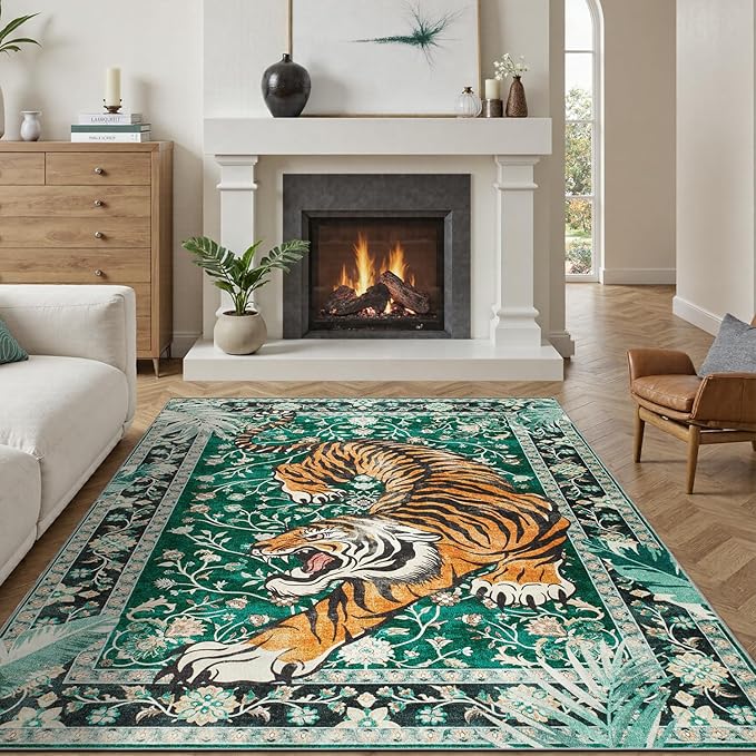 DCX Washable 6x9 Tiger Area Rug, Green Vintage Animal Rug for Living Room, Soft Low Pile Carpet, Kid & Pet Friendly with Rubber Back Non Slip, Stain Resistant Rug for Bedroom Dining Room Office