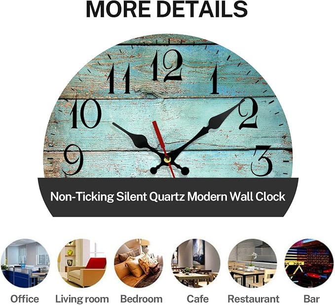 ArtSocket Turquoise Wooden Wall Clock Silent Non-Ticking, Teal Green Blue Wooden Grain Cracked Vintage Round Wall Clocks Decor for Home Kitchen Living Room Office, Battery Operated(12 Inch)