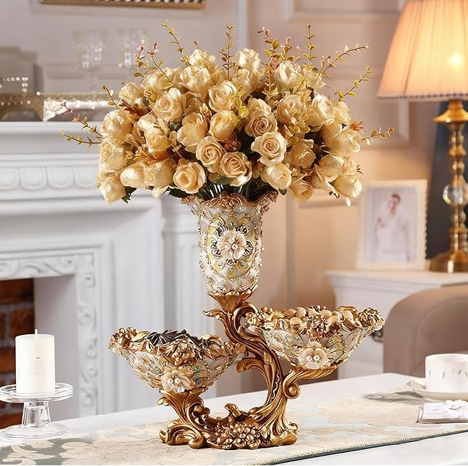 Elegant Large Flower Vases with 2 Tiered Fruit Bowl for Kitchen Counter, Resin Fruit Basket Plate for Snack, Candy Storage(White & Gold)