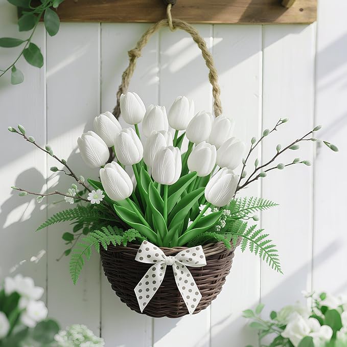 20 Pcs Fake Tulips Artificial Flowers 13" White Faux Flowers Real Touch PU Tulips Bouquet for Floral Arrangement Home Kitchen Table Wedding Decorations