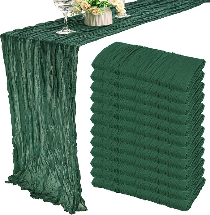 12 Pack Boho Gauze Table Runner 35x72 Inch - Rustic Cheese Cloth Long Table Runner for Wedding, Bridal Shower & Birthday Party Decor (Dark Green)