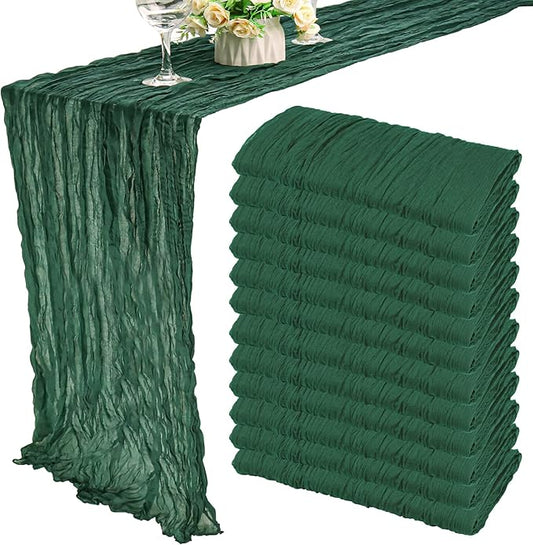 12 Pack 13Ft Cheesecloth Table Runner 35x157 Inch Boho Gauze Table Runner Cheese Cloth Long Rustic Table Runners for Wedding Bridal Shower Birthday Party Table Decor (Dark Green)