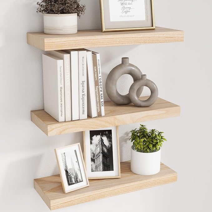 fuqing Natural Wood Floating Shelves - Wood Floating Shelves for Wall Set of 3-17 Inch Wide x 6.7 Inch Deep Natural Wooden Shelves for Living Room Bedroom Home Office