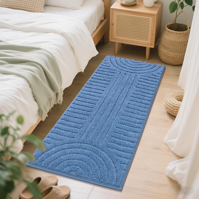 SHACOS Super Soft Bathroom Runner Rugs 24"x60" Non Slip Boho Bathroom Mats Microfiber Absorbent Carpet for Bath Room Machine Washable Shaggy Bath Rugs for Shower Bathtub Home Decor, Blue 2'x5'