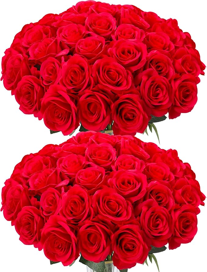 50pcs Artificial Roses Flowers in Bulk,Realistic Silk Fake Rose with Long Stem for Wedding Centerpieces Bouquet Party Floral Arrangement Home Decoration(Red)