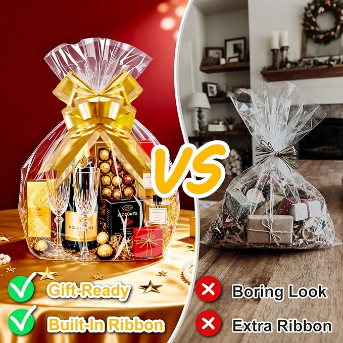 PigPotParty 16"x24" Clear Cellophane Gift Bags - Includes Bows – 10 Pack Cellophane Wrap for Gift Baskets, Plastic Gifts Bags for Gift Giving