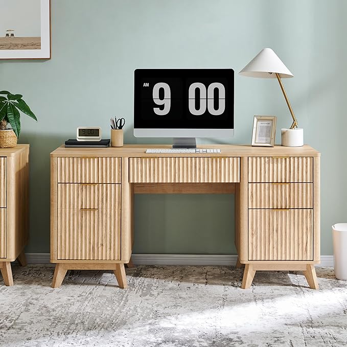 T4TREAM Fluted Executive Desk with Drawers, 60" Modern Home Office Computer Desk with Charging Station, File Cabinet, Keyboard Tray and Storage Cabinet for Study, Living Room, Bedroom, Natural Oak