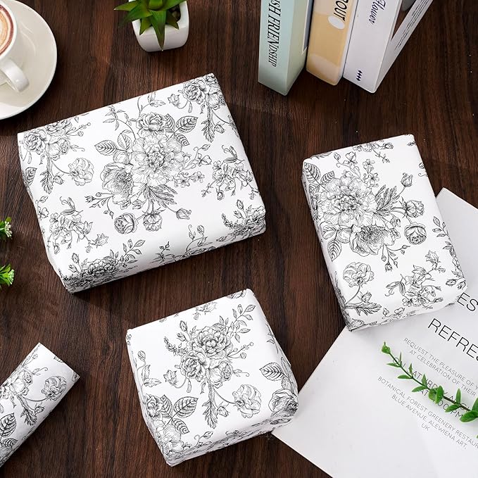 JarThenaAMCS Floral Wrapping Paper Mini Roll 17in x 32.8Ft Black White Flowers Gift Wrap Paper Vintage Floral Paper for Birthday Wedding Baby Shower Holiday Party Wrapping Supplies