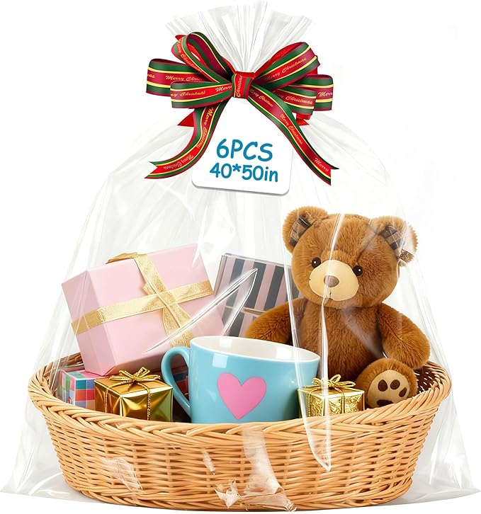 ZYLOP Extra Large Cellophane Bags 40x50 Inch - 6 PCS 2.8 Mil Thick Cellophane Wrap for Gift Baskets, Clear Plastic Gift Basket Bags for Thanksgiving, Christmas, Easter Presents/Party Favors Packaging