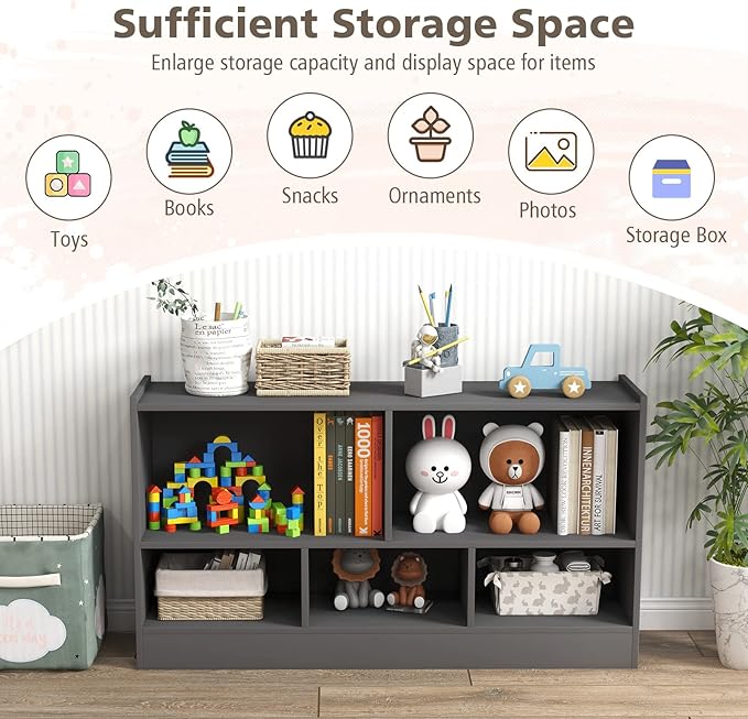 Toy Storage Organizer, 2-Tier Kids Bookshelf, 5 Cube Kids' Bookcases, Cabinets & Shelves, Wooden Toy Organizers, Small Book Shelf for Bedroom, Playroom, Classroom, Nursery (Gray)