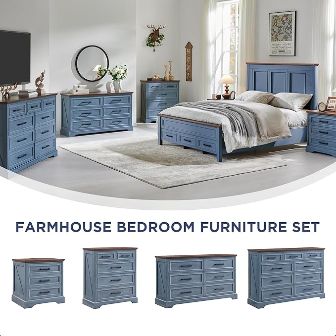 ACCOHOHO Farmhouse Nightstands Set of 2, 22 Inch Wide End Table with Charging Station & 3 Large Drawers, Rustic Wood Small Dresser Chest of Drawers for Bedroom, Living Room, Blue