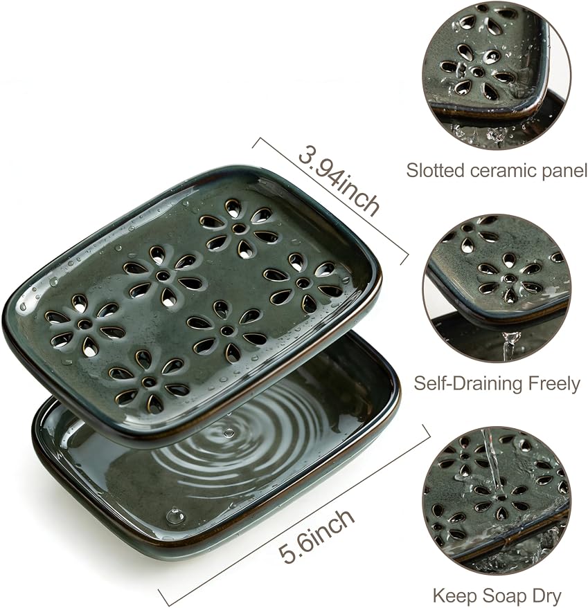 Miamolo Ceramic Soap Dish for Shower, Bar Soap Holder with 2 Layer Draining Soap Tray for Bathroom Sink Tub and Kitchen, Water Collection Tray Mess-Free Soap Dishes Container Saver, Gray Blue