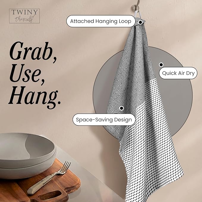TWINY threads Kitchen Dish Towel Diamond Design, Premium Large 100% Cotton Kitchen Linen Set, Dish Rags for Drying Dishes, Absorbent Quick Drying Wash Rags, Pack of 4, 18 x 26 Inch, Black