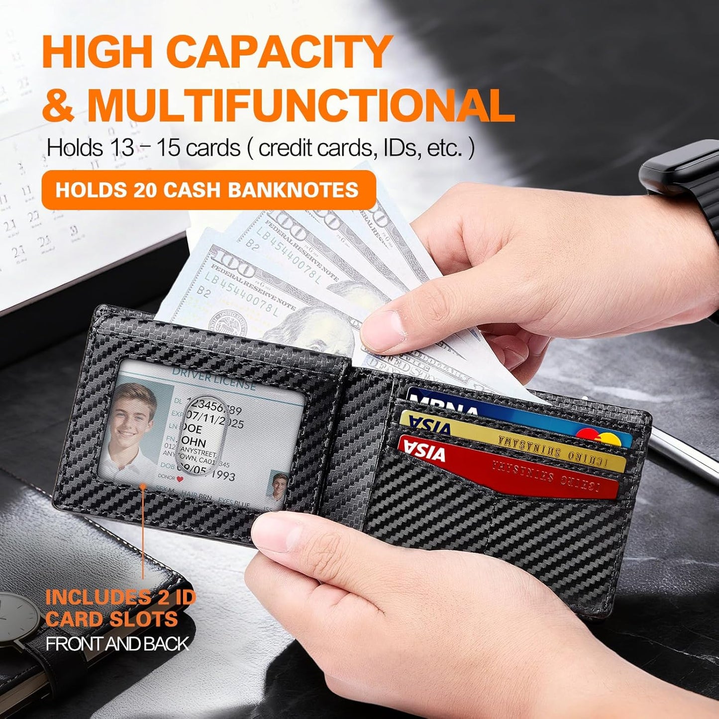 Skiennix Slim RFID Blocking Bifold Wallet - Carbon Fiber Minimalist Design | Compact Front Pocket Holder with 2 ID Windows & Cash Slot